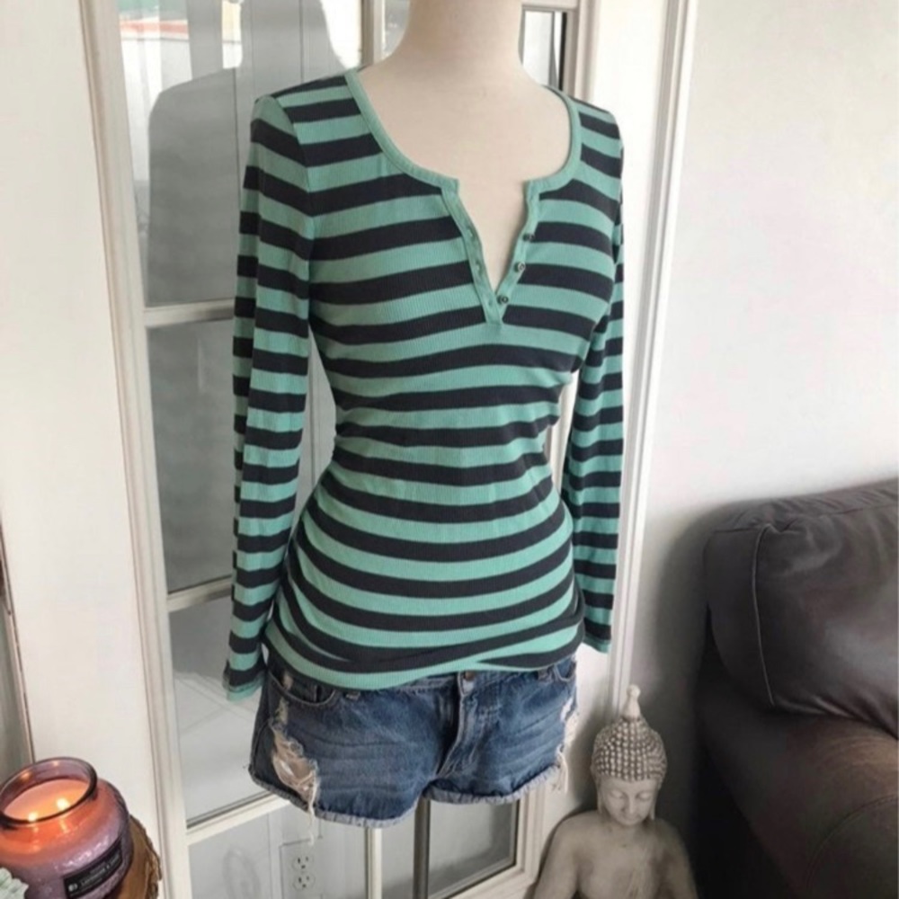 Striped Henley stretch maternity long sleeve button down ribbed top